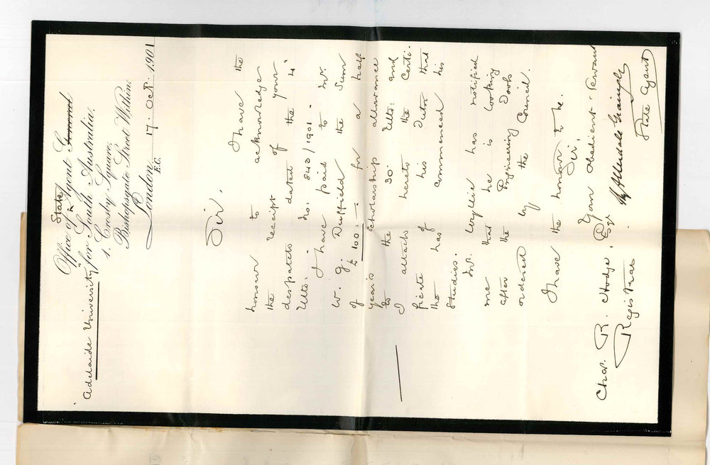 Henry Allerdale Grainger - State Agent for South Australia - London - Has paid W G Duffield for half year Scholarship allowance Mr Wyllie and Engineering tools