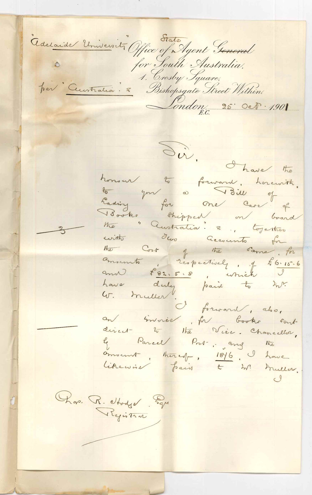 Henry Allerdale Grainger - State Agent for South Australia - London - Bill of Lading and invoice for case of books per Australia - E V Clarks paper on cast iron beams