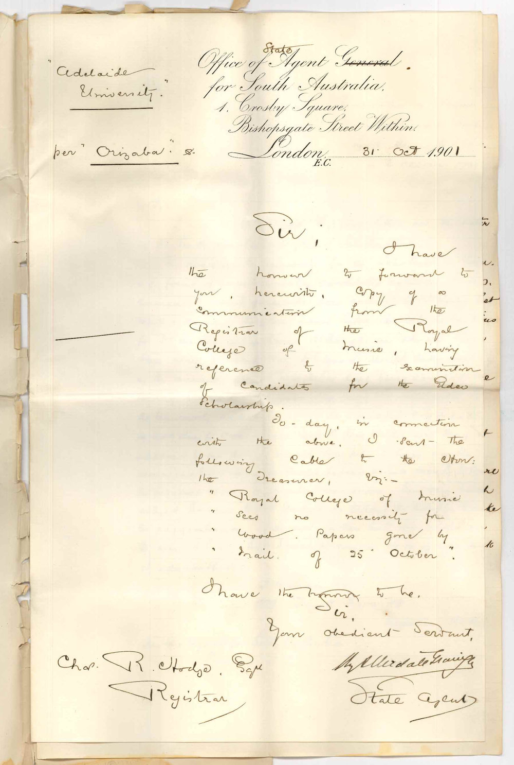 Henry Allerdale Grainger - State Agent for South Australia - London - Letter from the Royal College of Music concerning Elder Scholarship