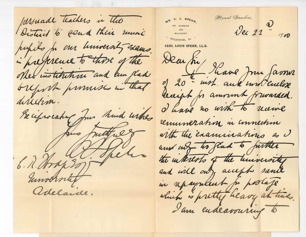 Carl Louis Spehr - Mount Gambier - Concerning Honorarium to Local Secretaries