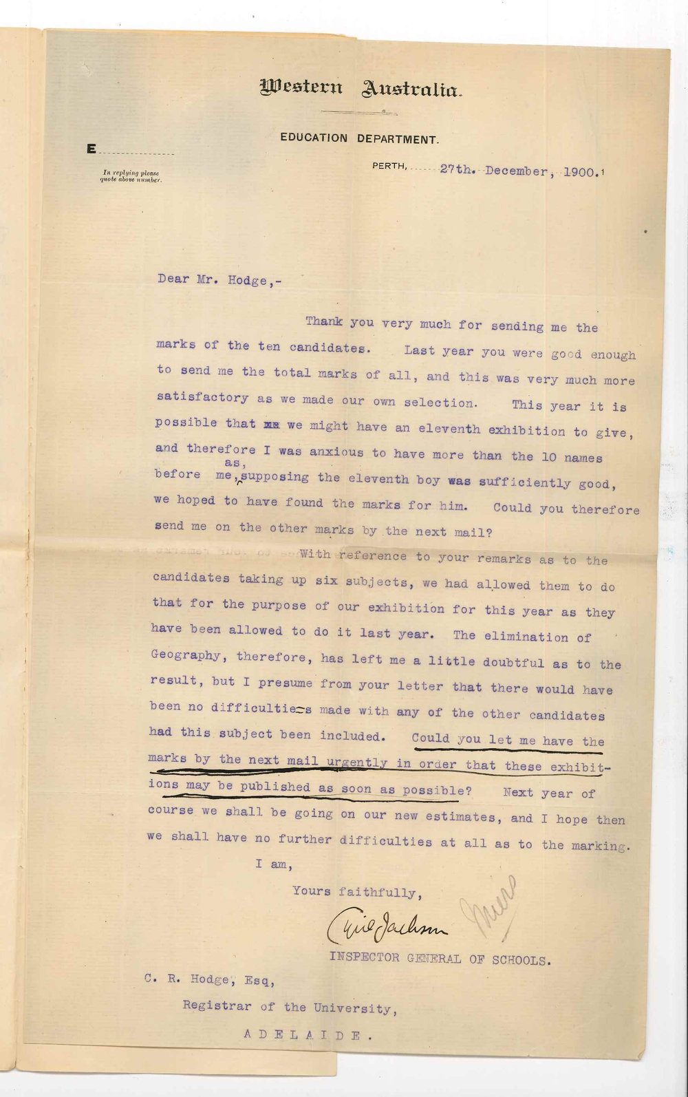 Cyril Jackson - Education Department - Western Australia - Concerning marks obtained by candidates in Junior and Senior Public Examinations