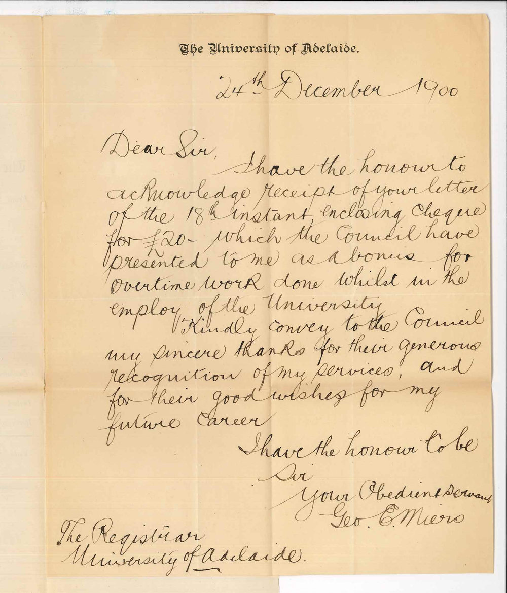 George E Miers - The University - Thanking Council for Honorarium