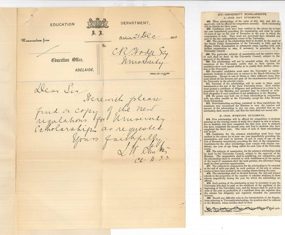 L W Stanton - Education Department - Adelaide - Forwarding new Regulations for University Scholarships