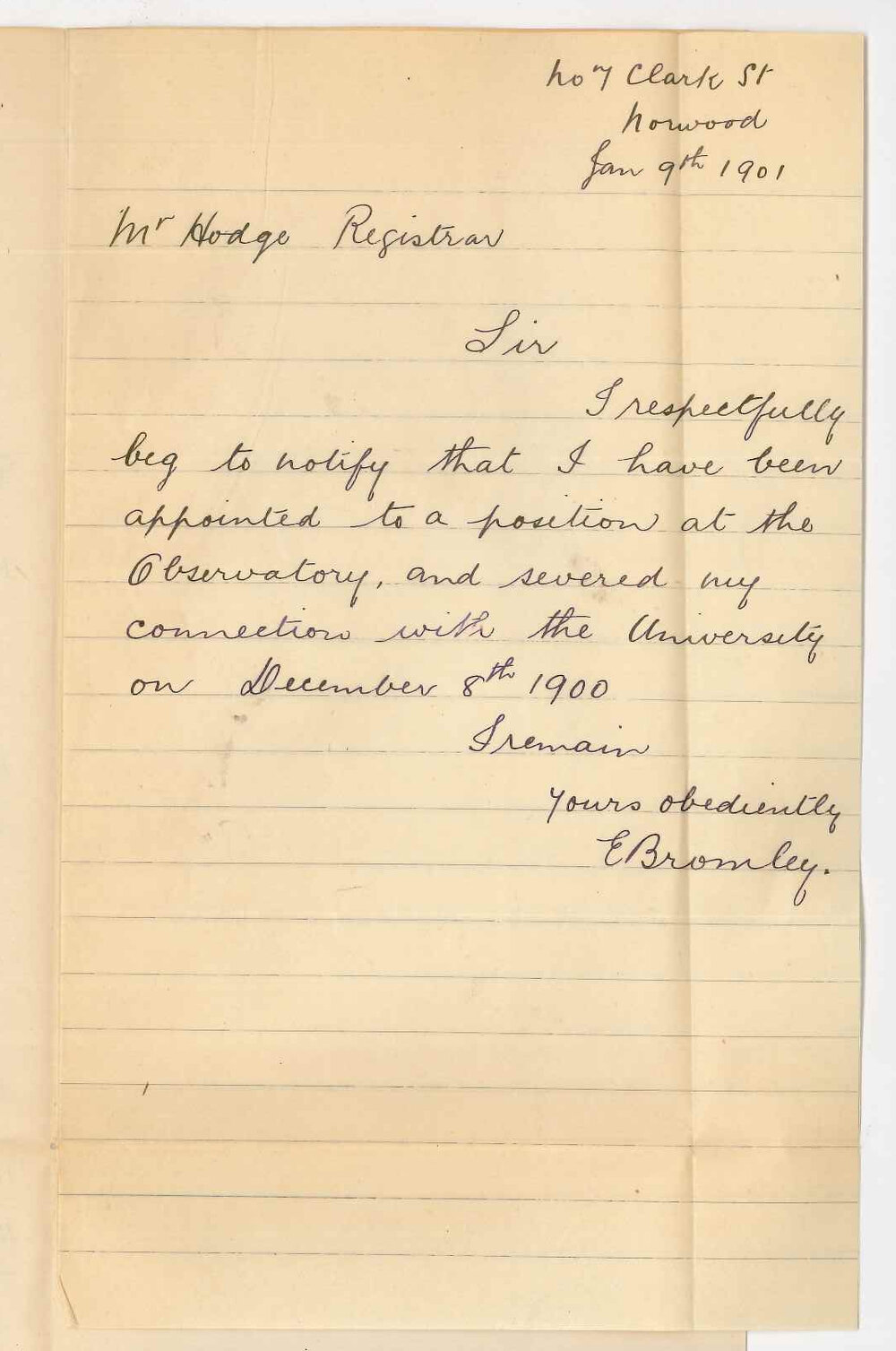 E Bromley - Norwood - Resigning position as Laboratory Assistant