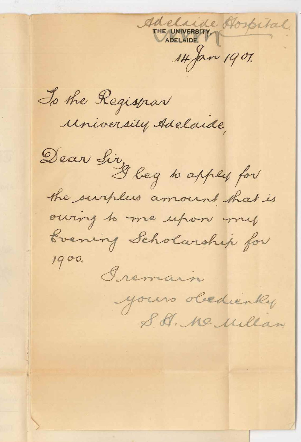 Samuel Herbert McMillan - Adelaide Hospital - Requesting surplus of Evening Scholarship
