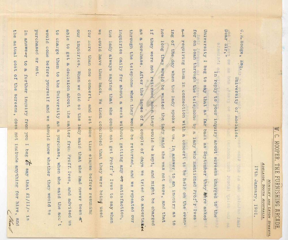 W C Hooper - Adelaide - Concerning screens hired by Conservatorium