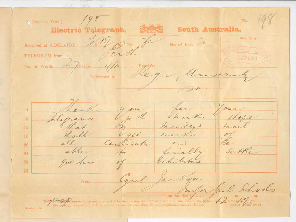 Cyril Jackson - Inspector General of Schools - Perth - thanks for telegram with marks for candidates for Exhibitions