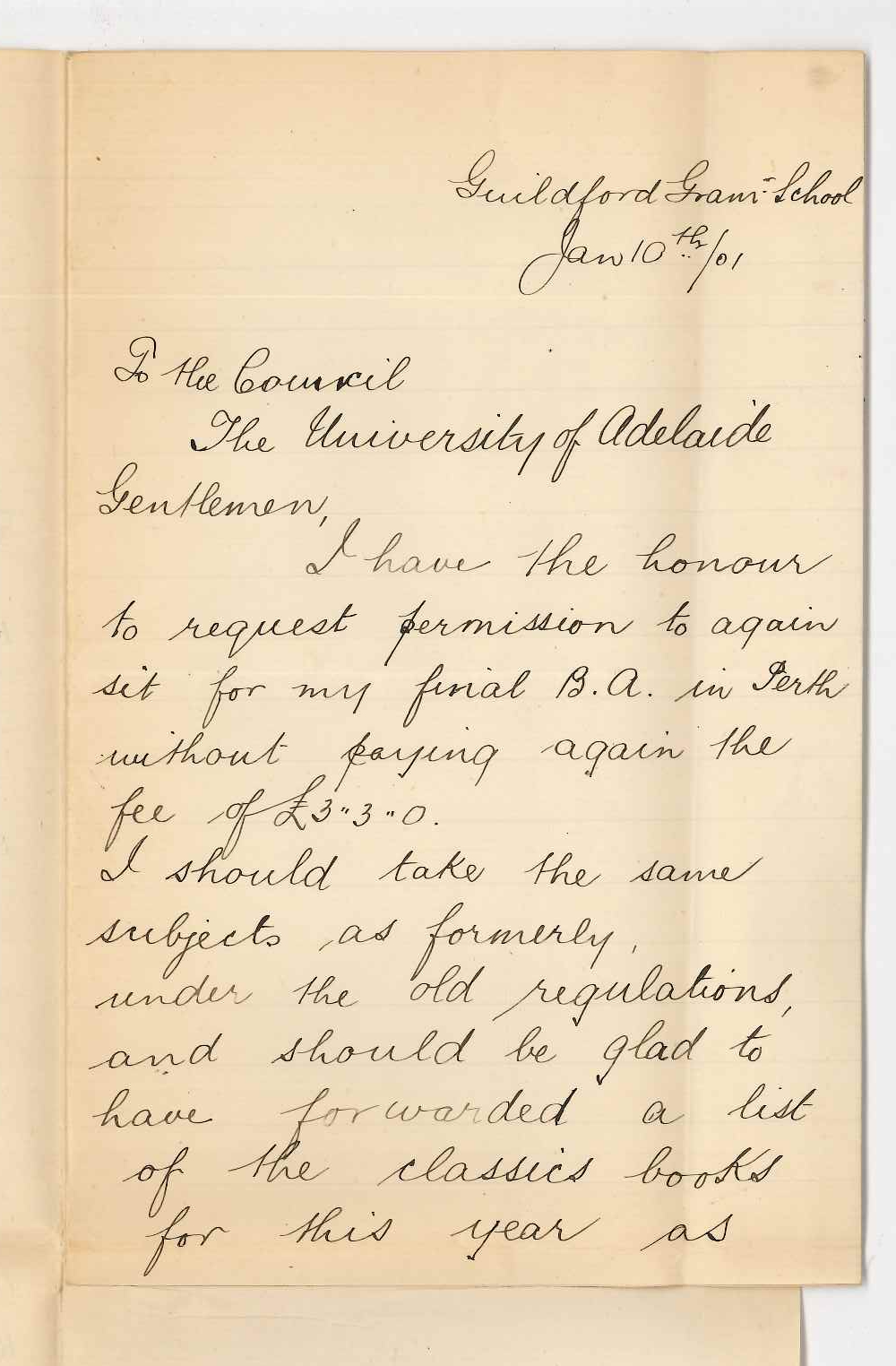 A Livington Nairn - Guildford WA - Permission to sit for 3rd Year BA Examination in Perth
