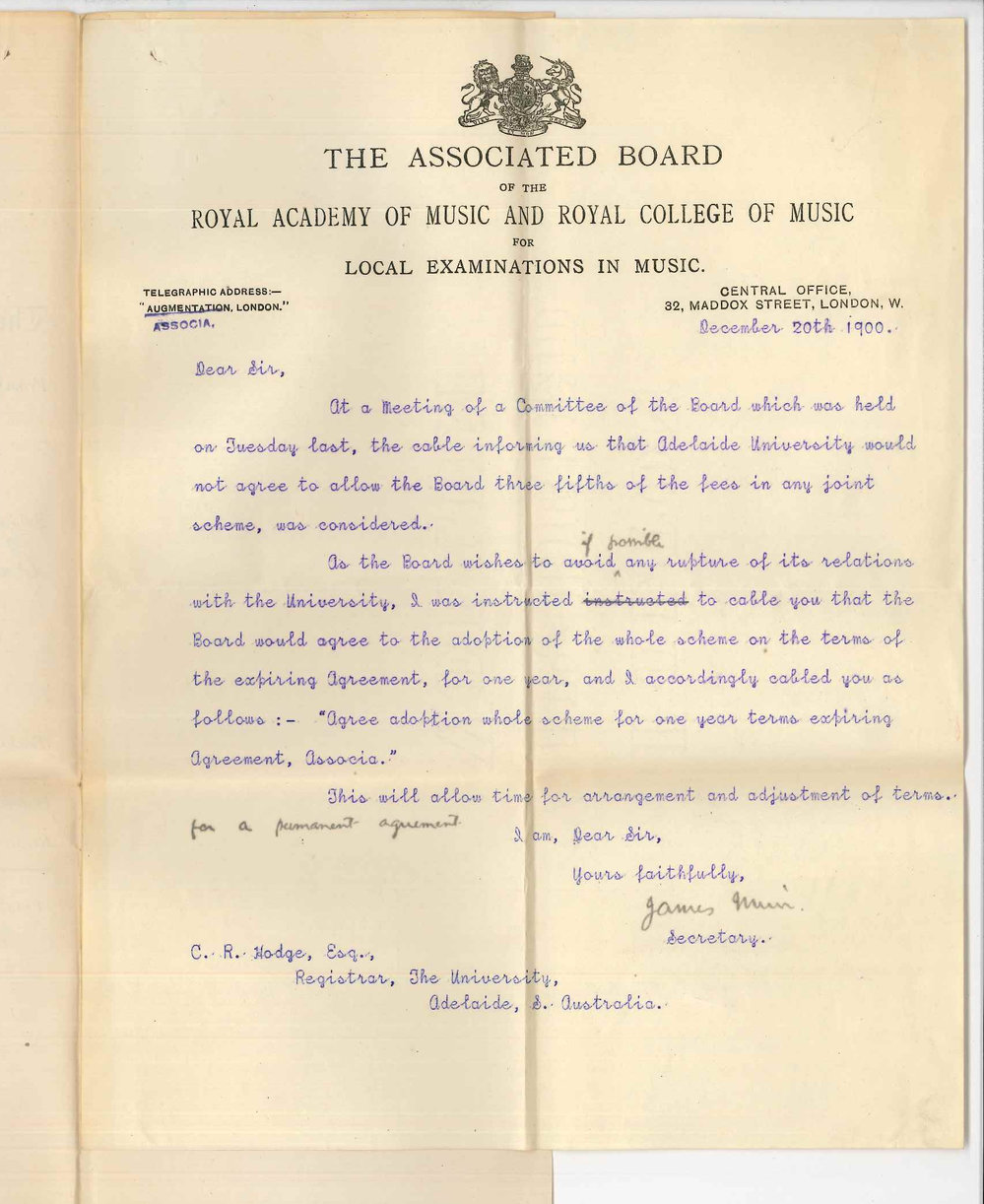 James Muir - Secretary - Associated Board London - Concerning Music Examinations