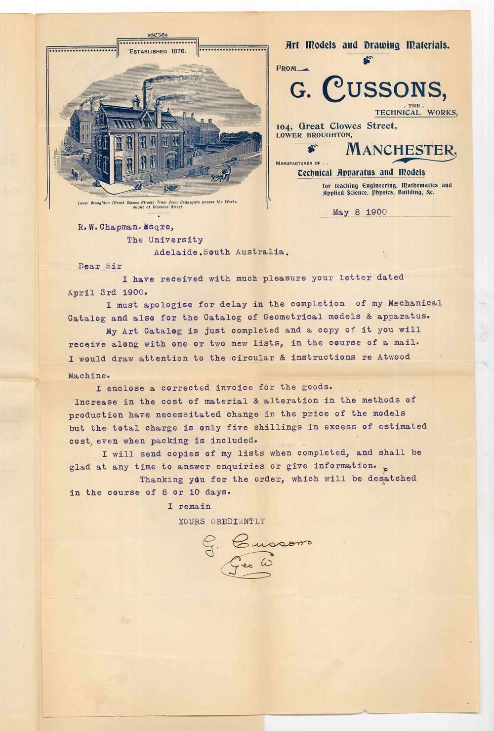 G Cussons - Manchester - Concerning order for models for Engineering School