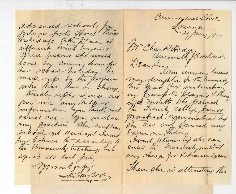 J Tayler - Laura - Requesting permission for daughter to enter as student of Conservatorium without payment of Entrance Exam Fee