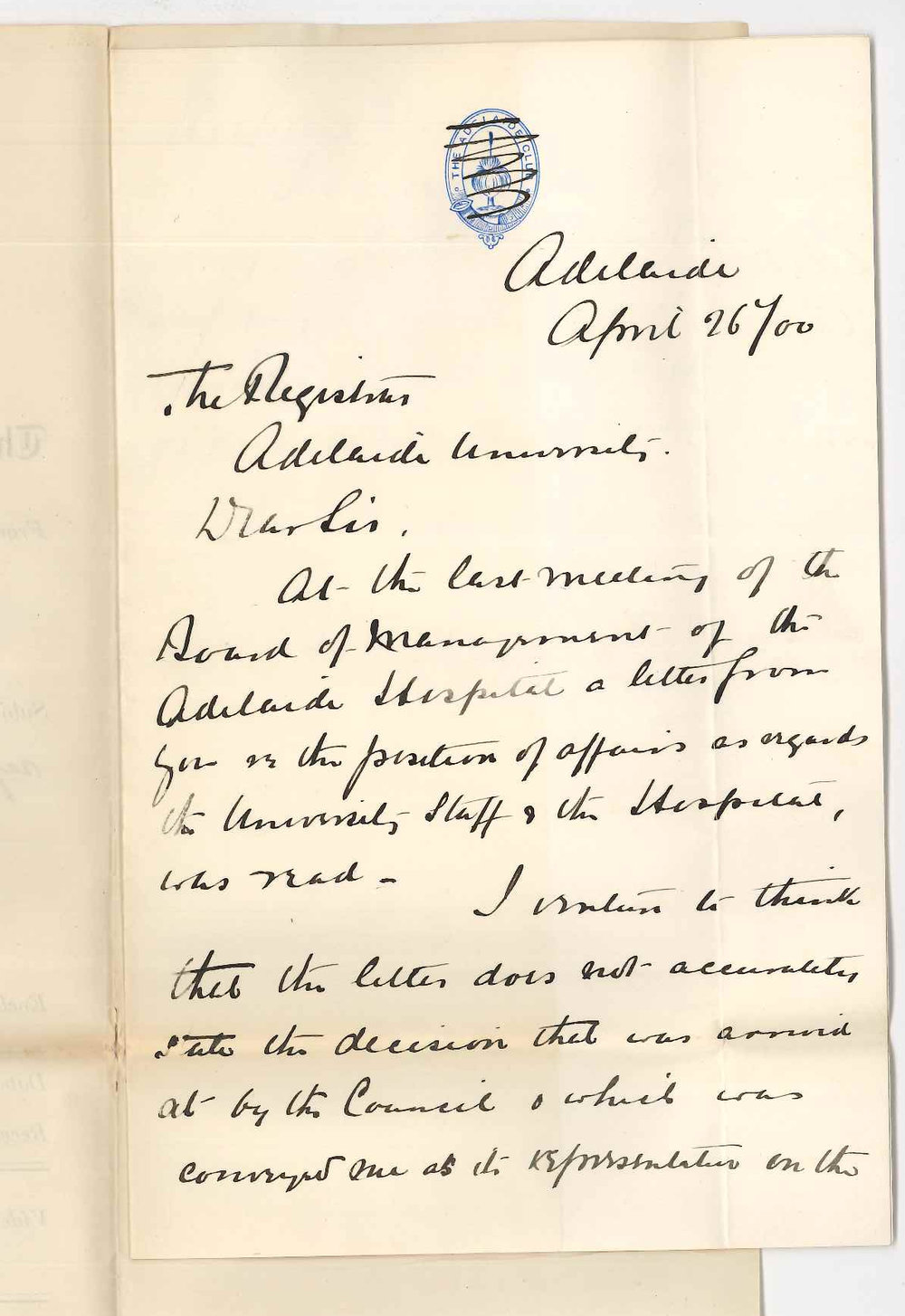 Dr W T Hayward - Adelaide - Concerning Physicians reply to Hospital Board
