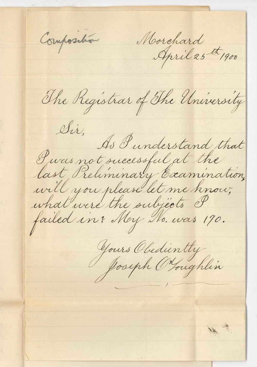 Joseph O'Loughlin 170 - Morchard - Failure in Preliminary Examination