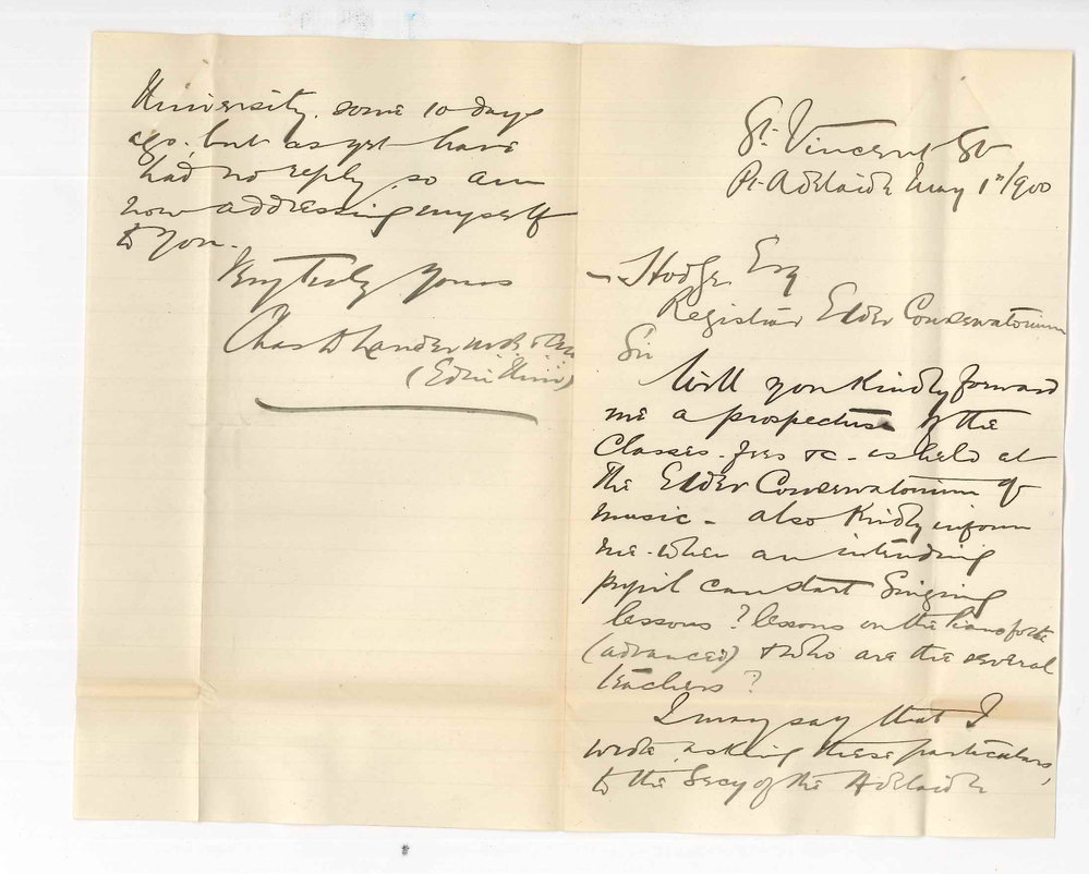 Charles D Lander MB - Port Adelaide - Requesting particulars of the Conservatorium