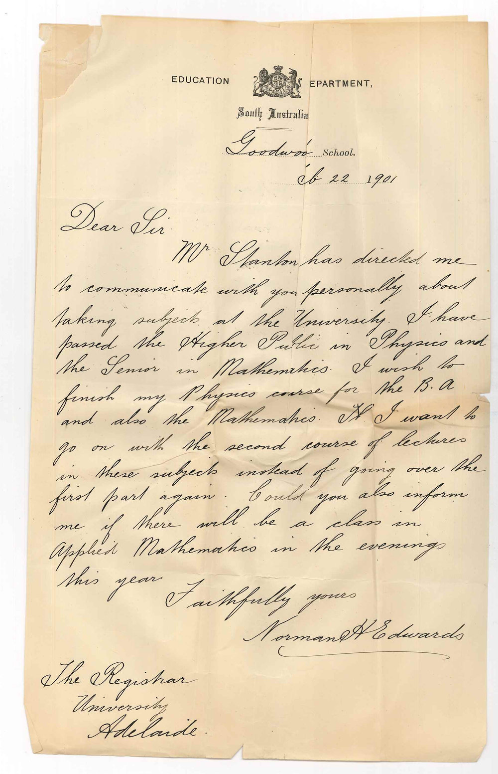 Undergraduate Students - Subjects they intend taking during 1901