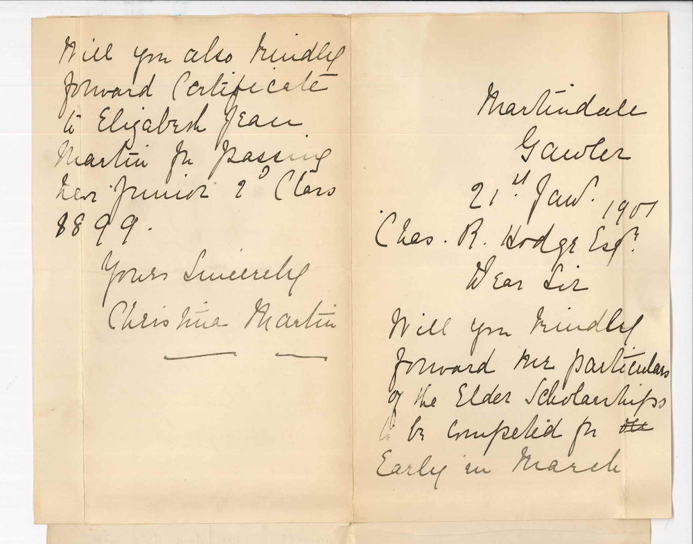 Mrs Christina Martin - Gawler - Requesting particulars Elder Scholarships and Music Certificate