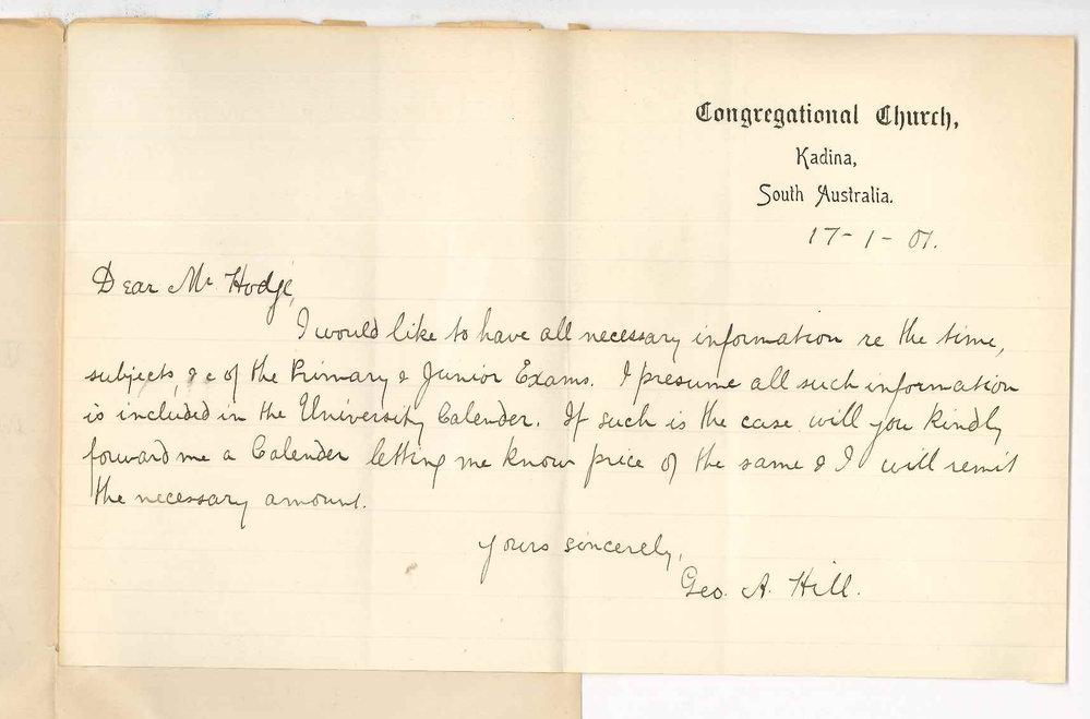 Reverend George A Hill - Kadina - Requesting Public Exams Pamphlet