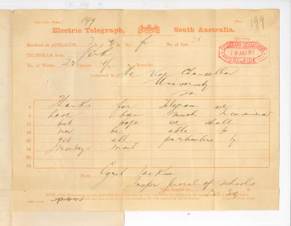 Cyril Jackson - Perth - To Vice Chancellor - Thanks for Telegram regarding candidates for WA Exhibitions