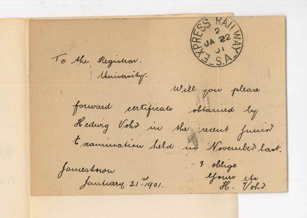 Miss H Vohr - Jamestown - Requesting Certificate