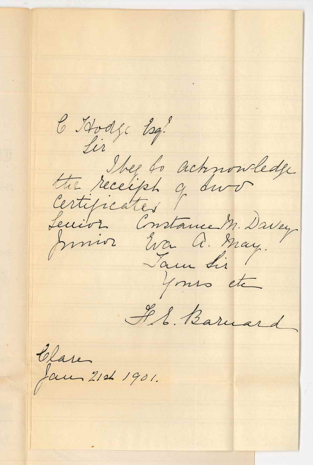 Mrs F E Barnard - Clare - Acknowledging receipt of Certificates