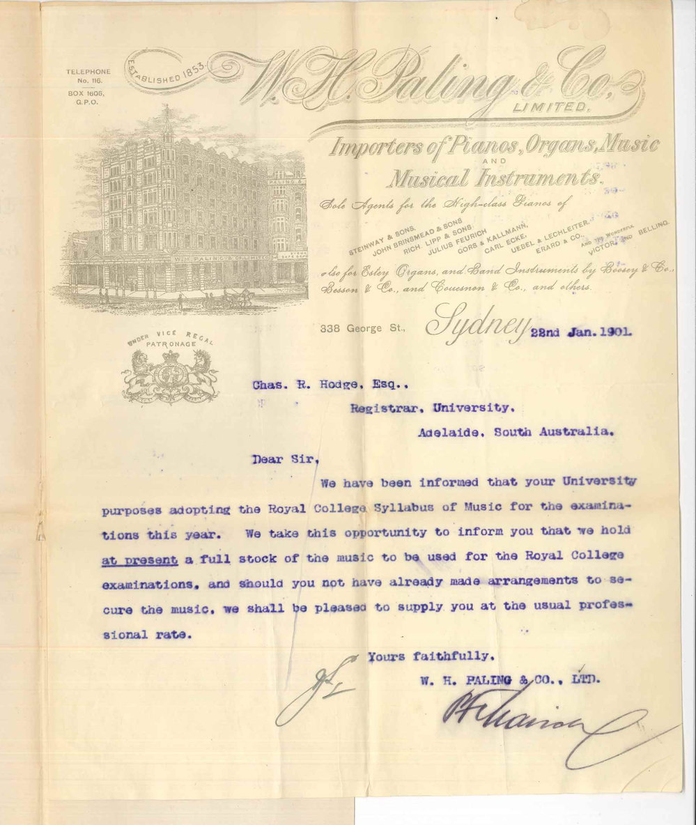 W H Paling and Company Limited - Sydney - Offering to supply University with music for Examinations