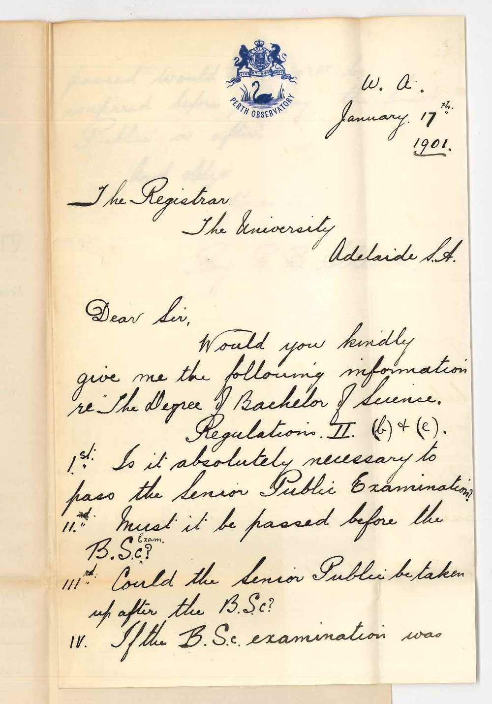 Roy R B Ackland - Perth - Concerning BSc Course