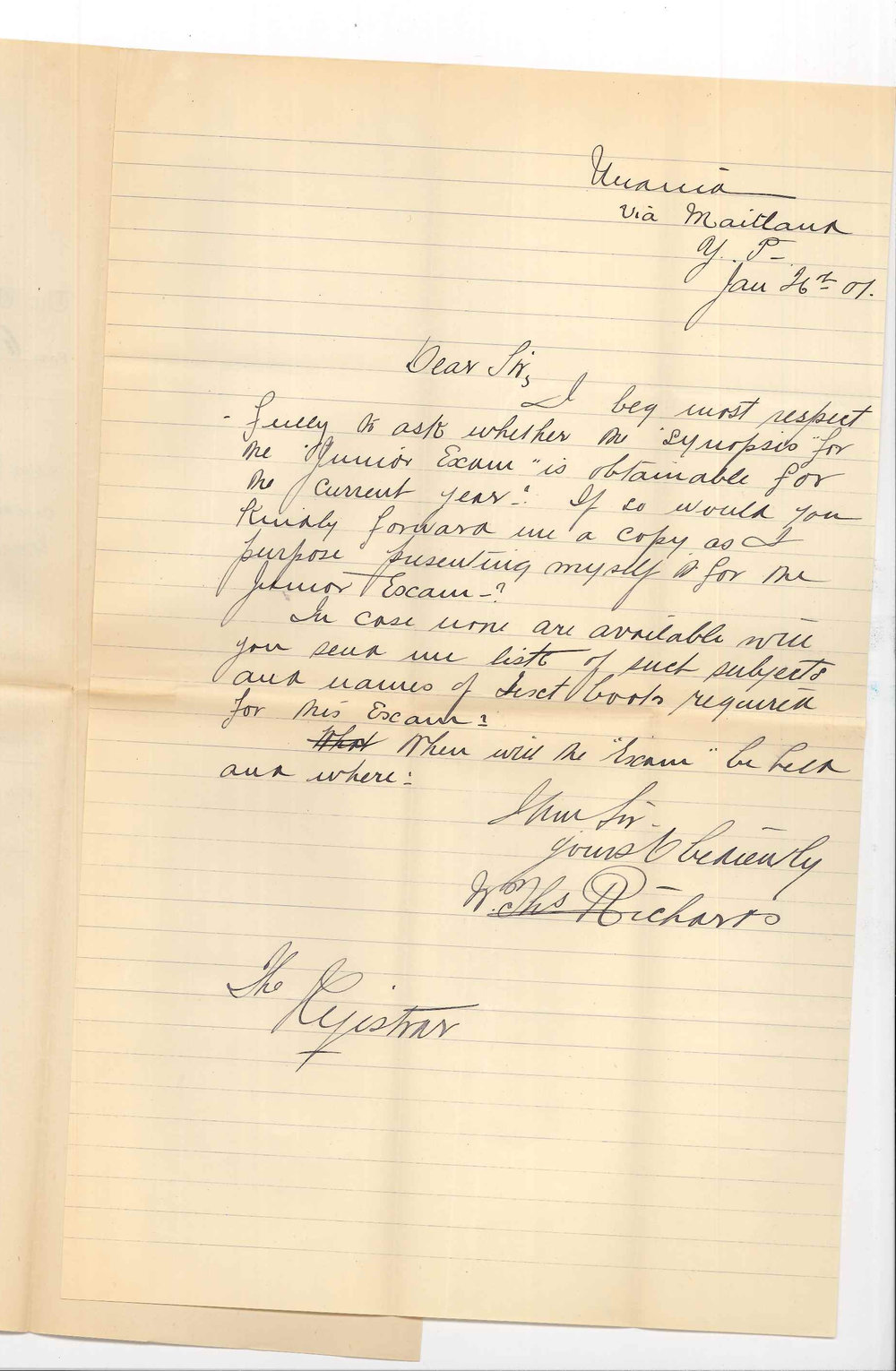 William Thomas Richards - Urania via Maitland - Requesting information concerning Junior Public Examination
