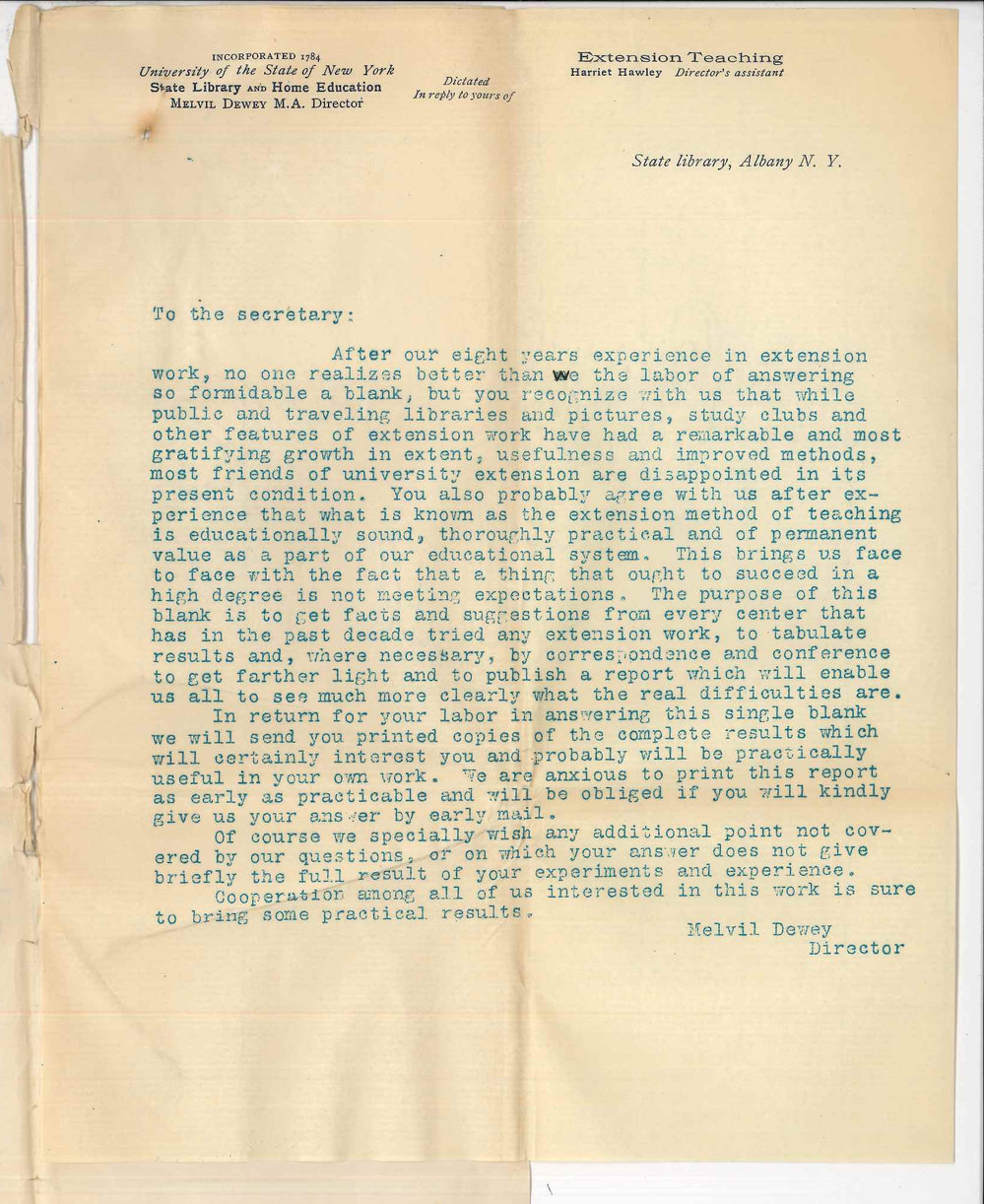 Melvil Dewey - Director State Library and House Education Albany NY - Concerning Report of University Extension