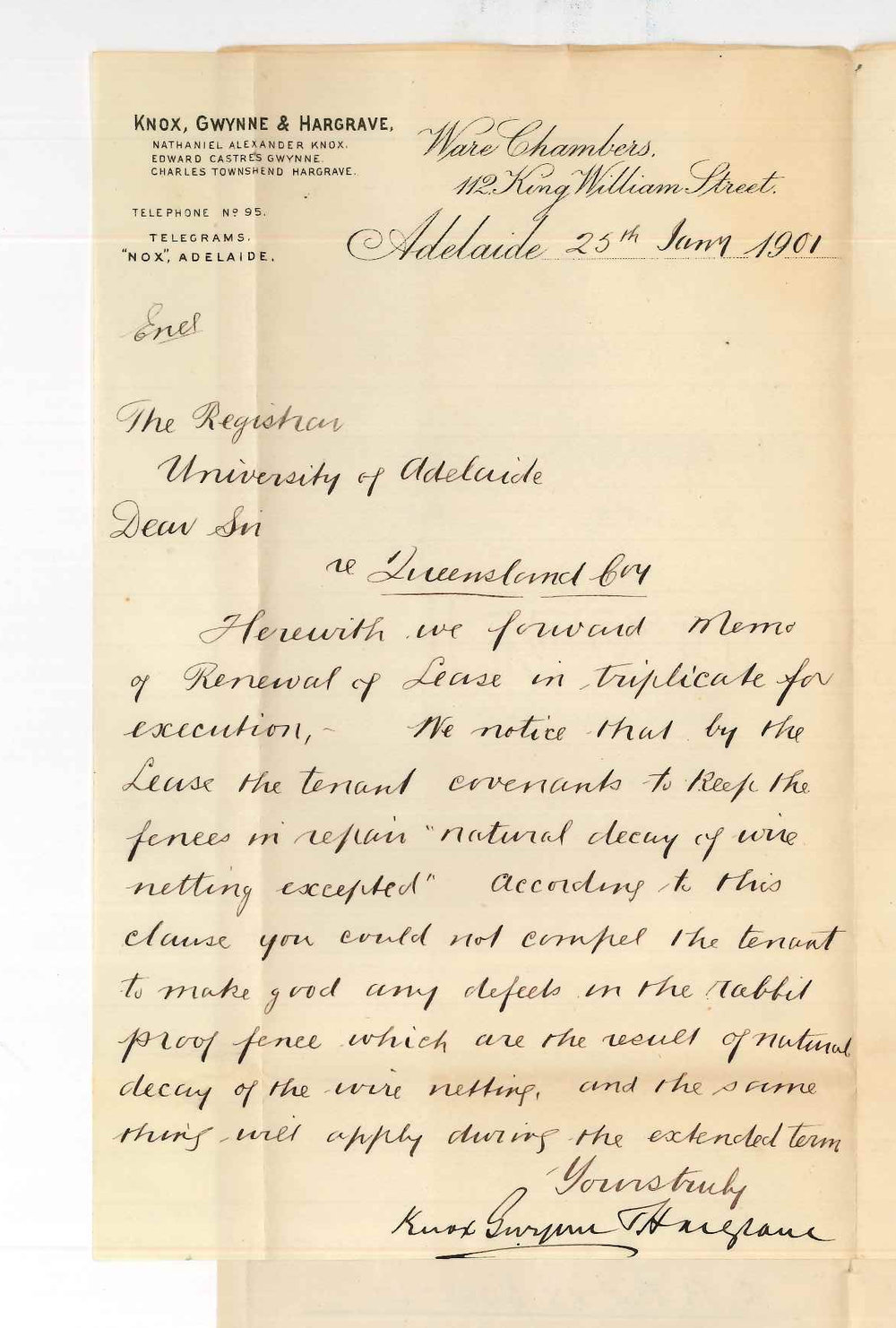 Knox Gwynne and Hargrave - Adelaide - Concerning Lease of land at Tatiara