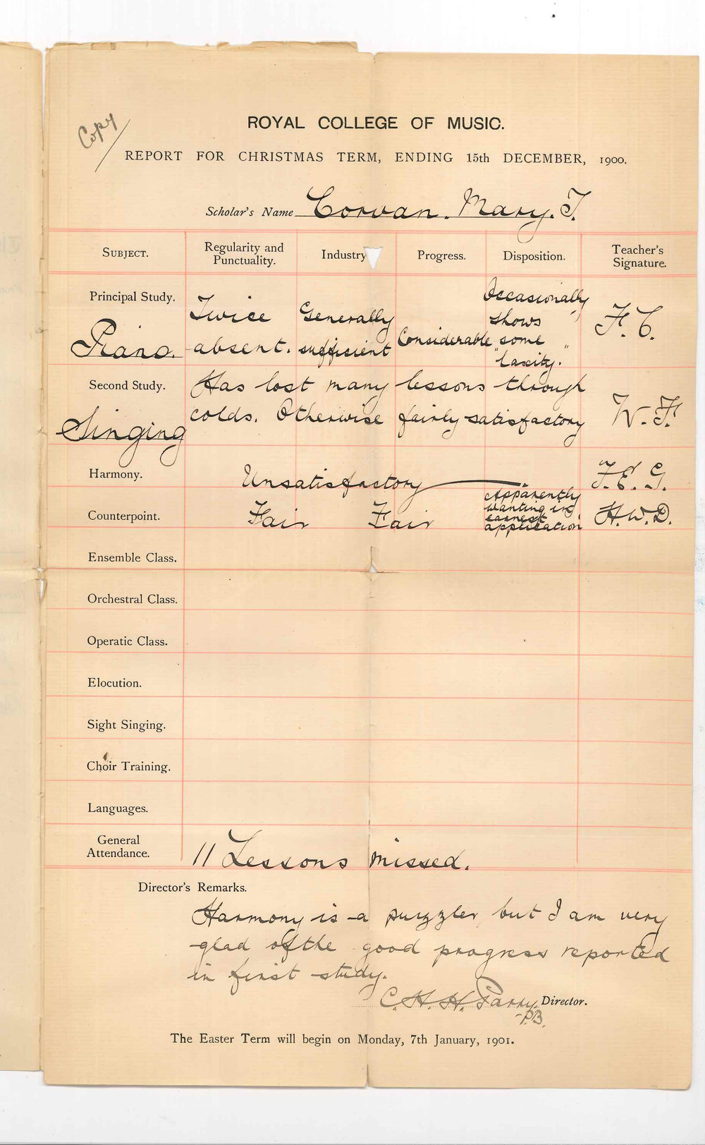 Mary J Corvan - Royal College of Music - London - Progress Report