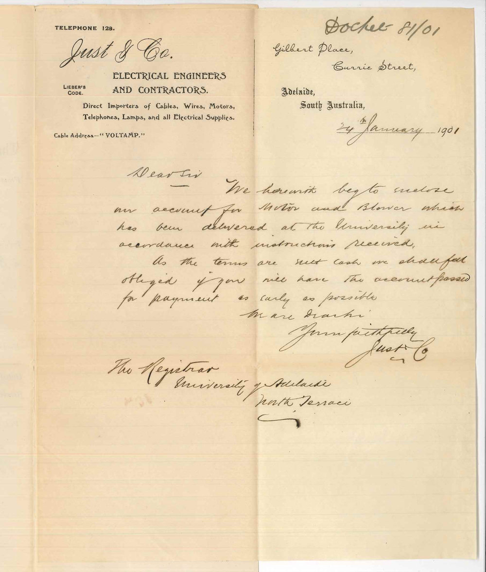 Just and Company - Adelaide - Forwarding Accounts for Motor and Blower for Conservatorium Organ