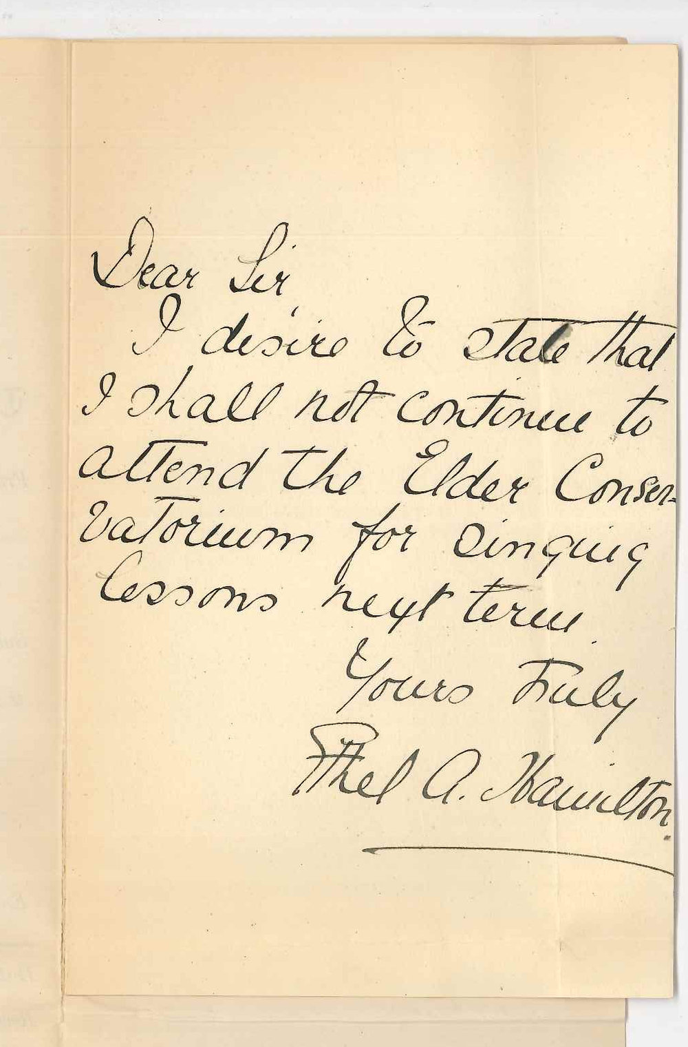Miss Ethel A Hamilton - Adelaide - Discontinuing lessons at the Conservatorium