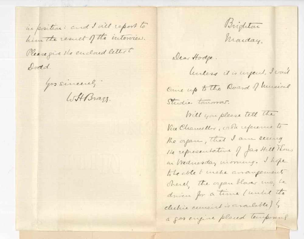 Professor William Henry Bragg - Brighton - Concerning blower for Conservatorium organ