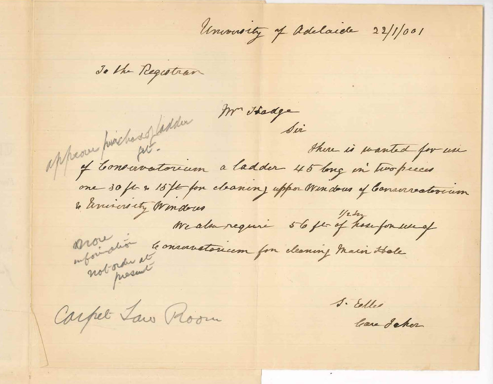 S Ellis - Caretaker - Requesting ladder and hose for Conservatorium