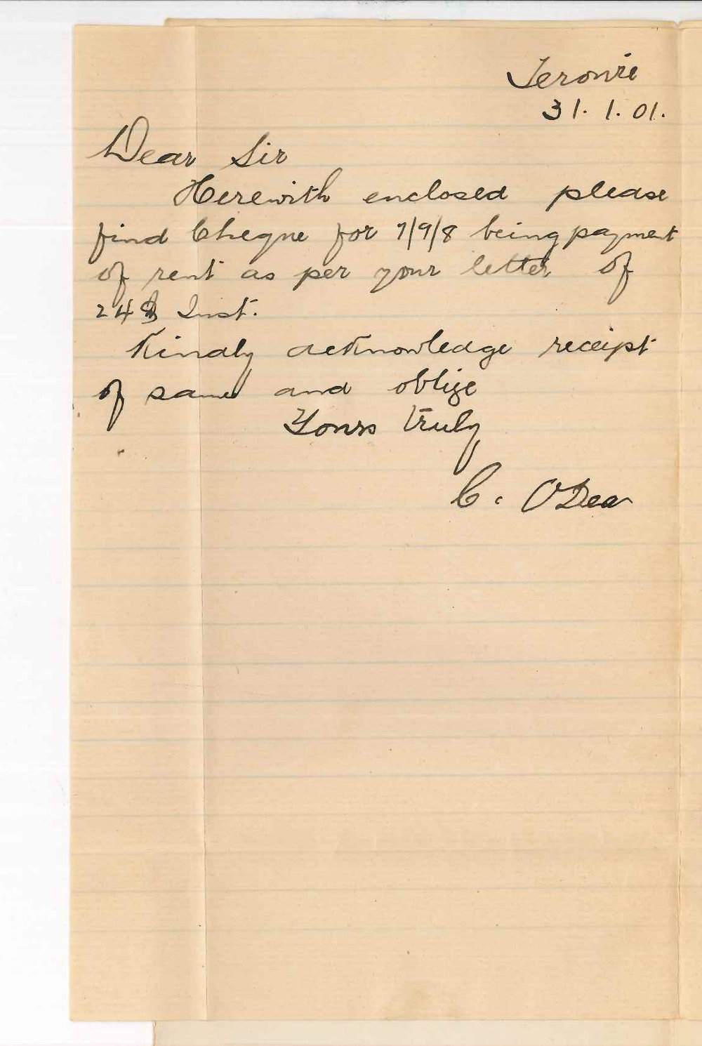 C ODea - Terowie - Forwarding rent of land at Terowie