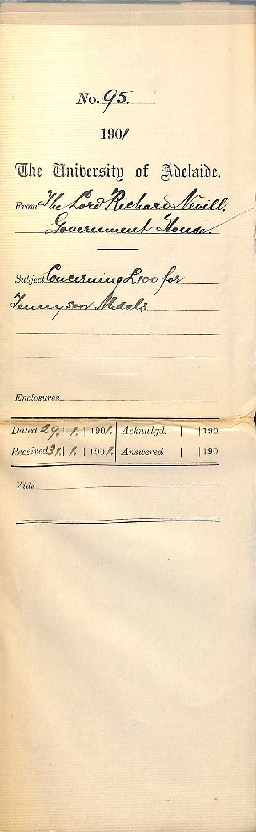 Lord Richard Nevill - Government House - Concerning &pound;100 for Tennyson Medals
