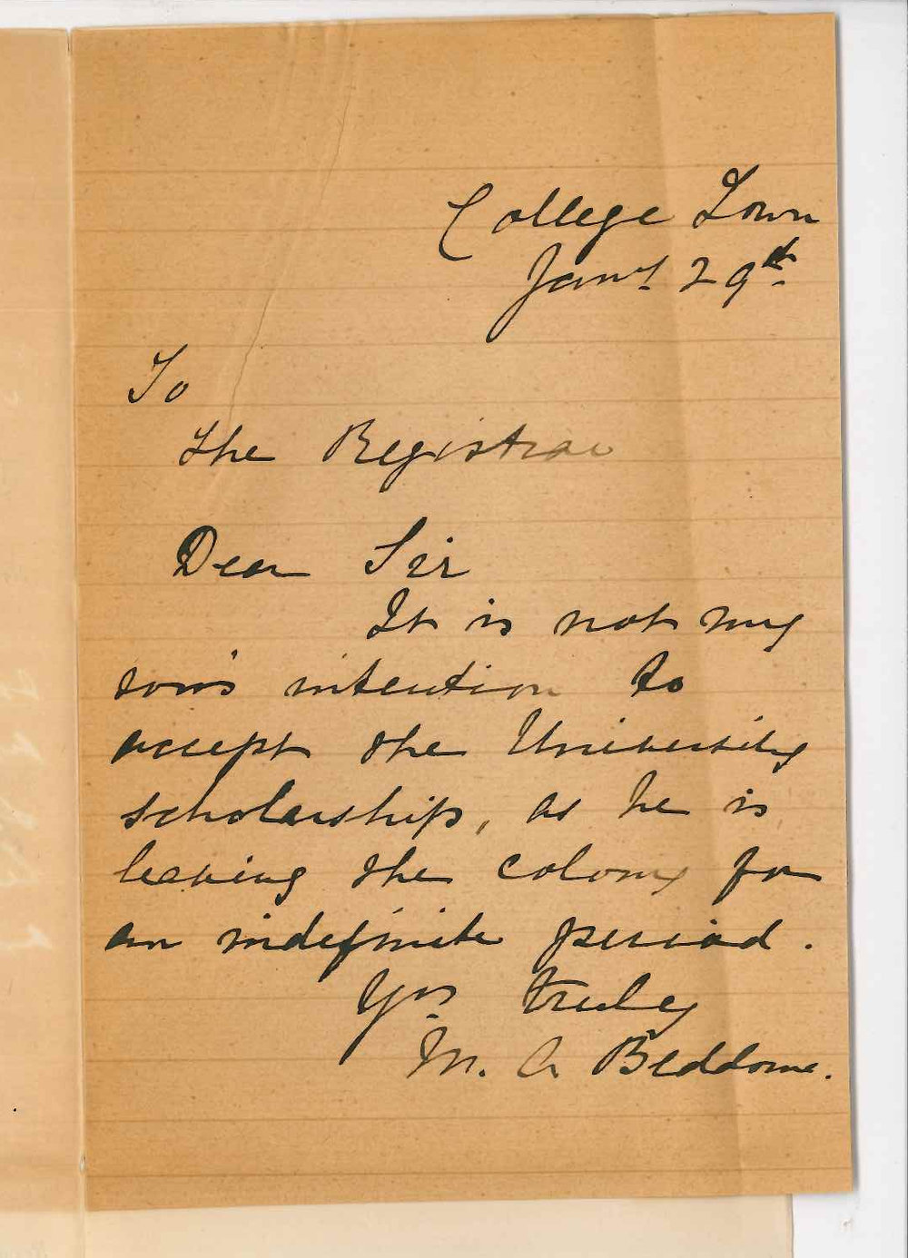 Mrs M A Beddome - College Town - Son will not accept Entrance Scholarship