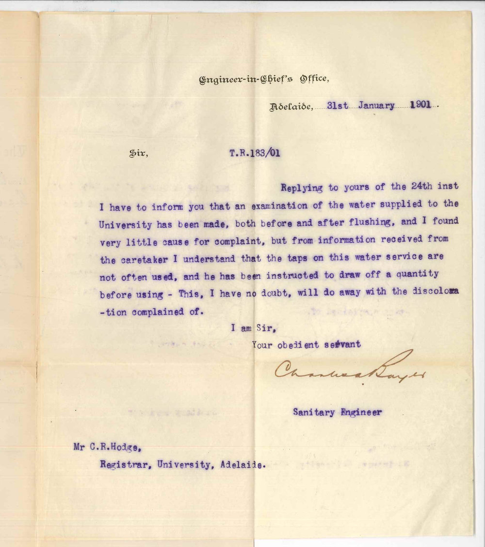 Charles A Bayer - Engineer in Chiefs Office - Concerning water supply to Conservatorium