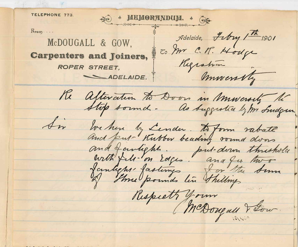 Lewis Harris N W Trudgen McDougall and Gow - Adelaide - Tenders for alterations to door of Conservatorium