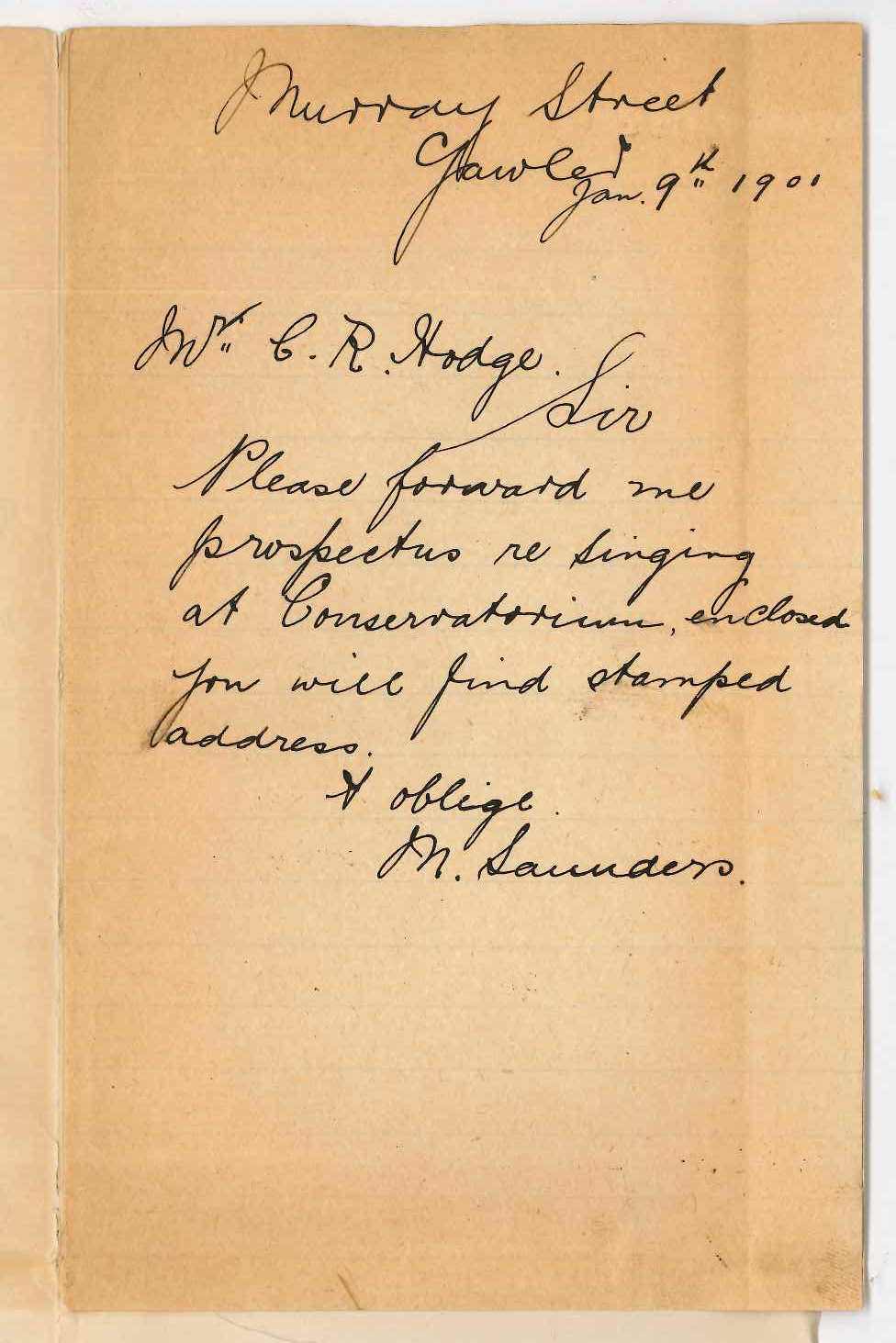 Miss M Saunders - Gawler - Requesting particulars concerning Conservatorium