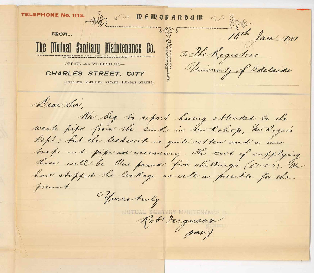 Robert Ferguson - Manager Mutual Sanitary Maintenance Company - Report concerning waste pipe from sink in Workshop