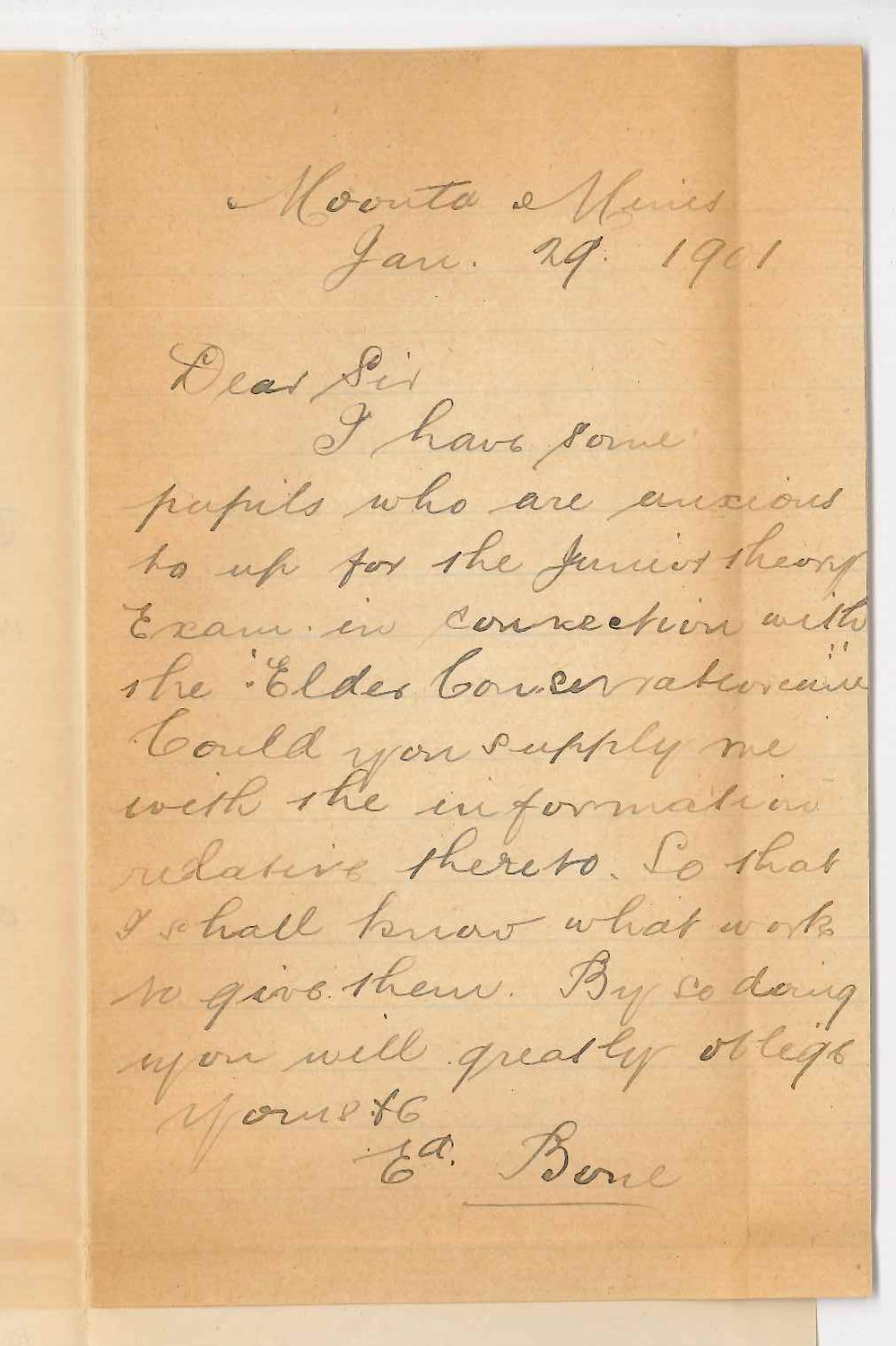 Edward Bone - Moonta Mines - Requesting information concerning Music Examinations