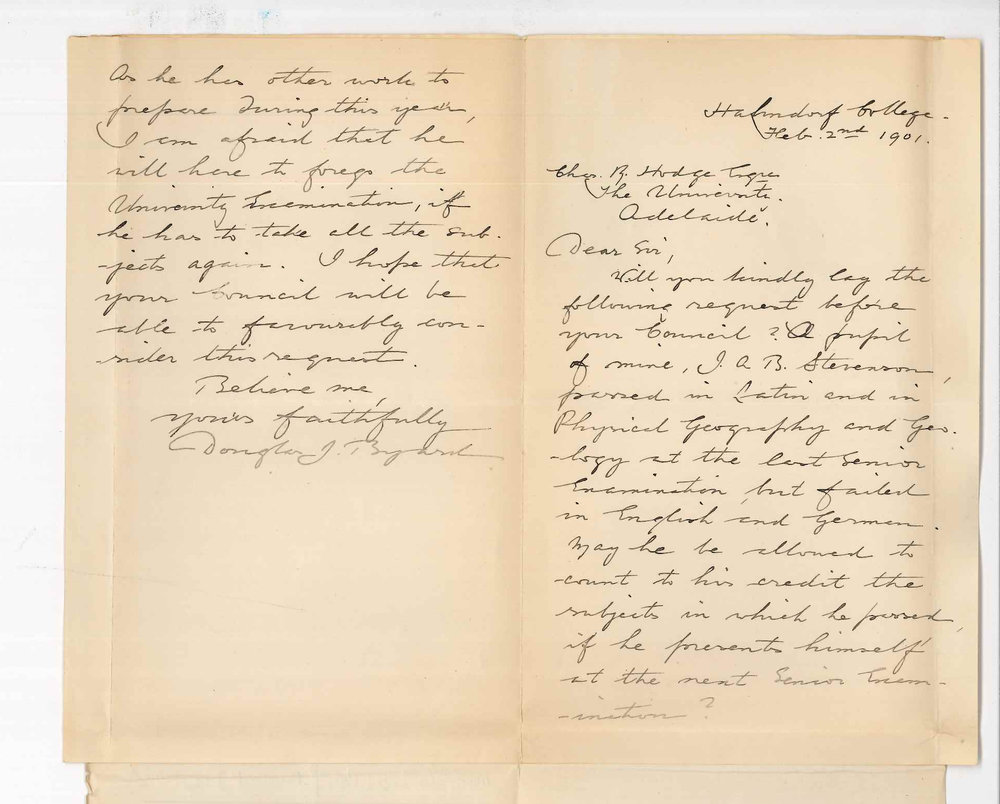 Douglas John Byard - Hahndorf College - Credit for subjects passed in Senior Public Examination November 1900 J A B Stevenson