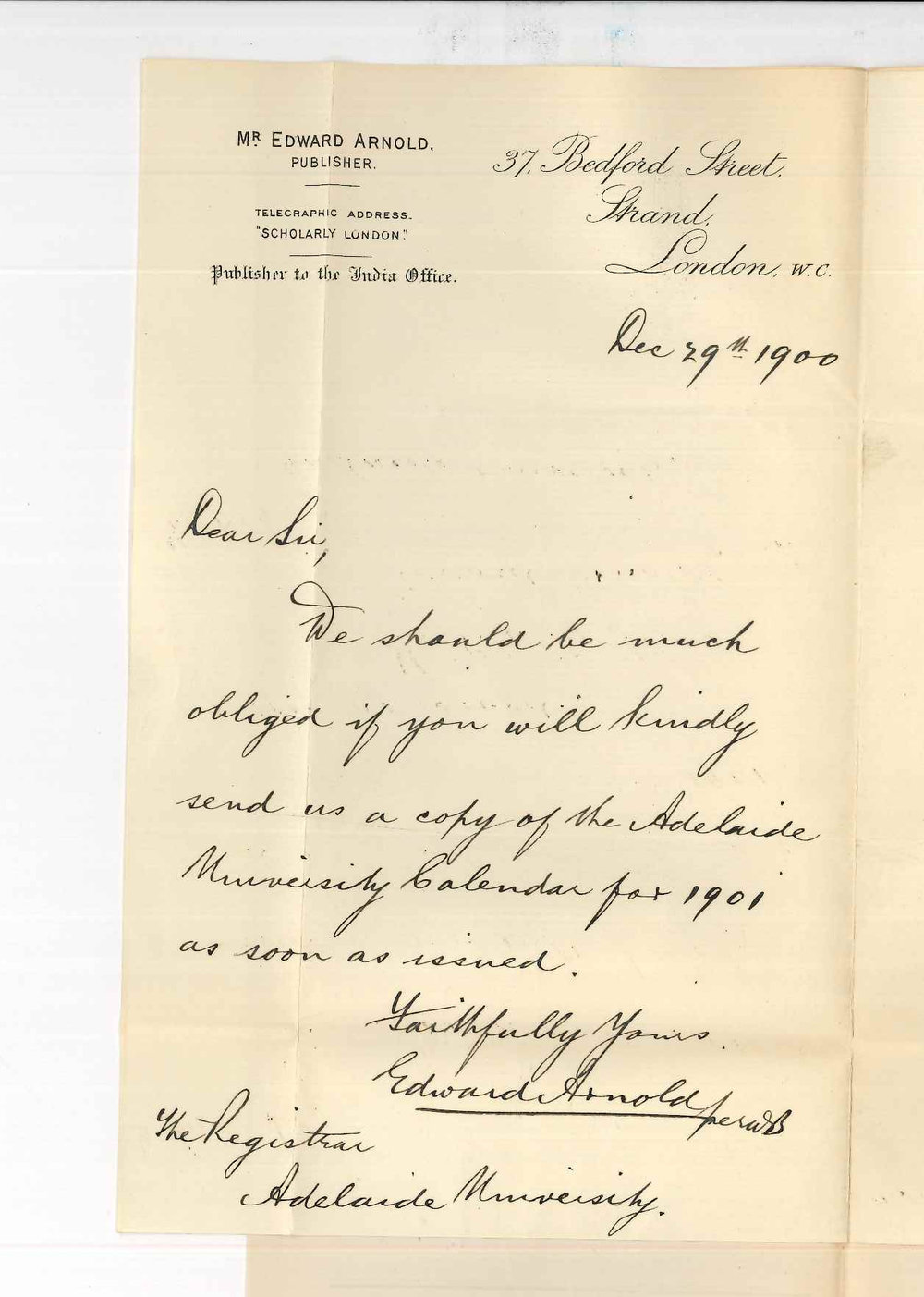Edward Arnold - London - Requesting copy of Calendar for 1901