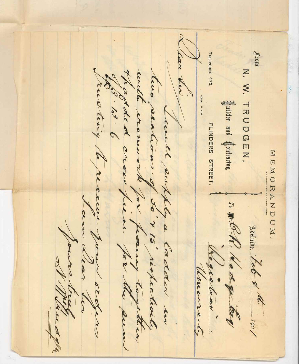 N W Trudgen and L Harris - Adelaide - Tender for ladder and additions and repairs in Professor Rennies Room