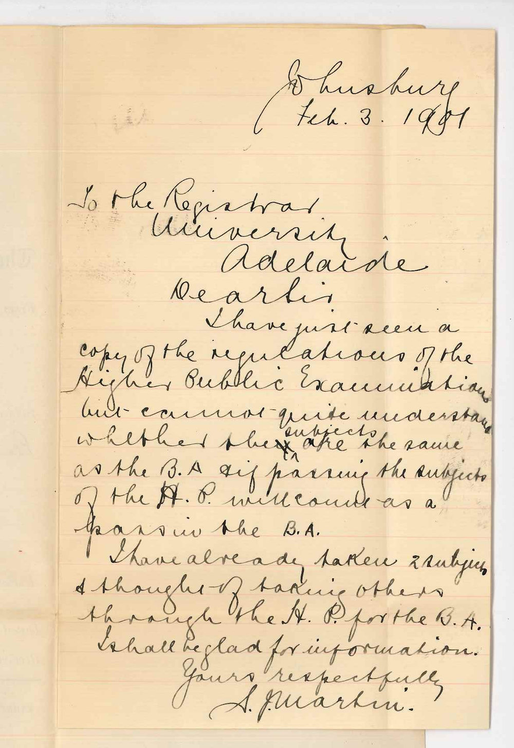 S J Martin - Johnsburg - Concerning Higher Public Examination and BA Course