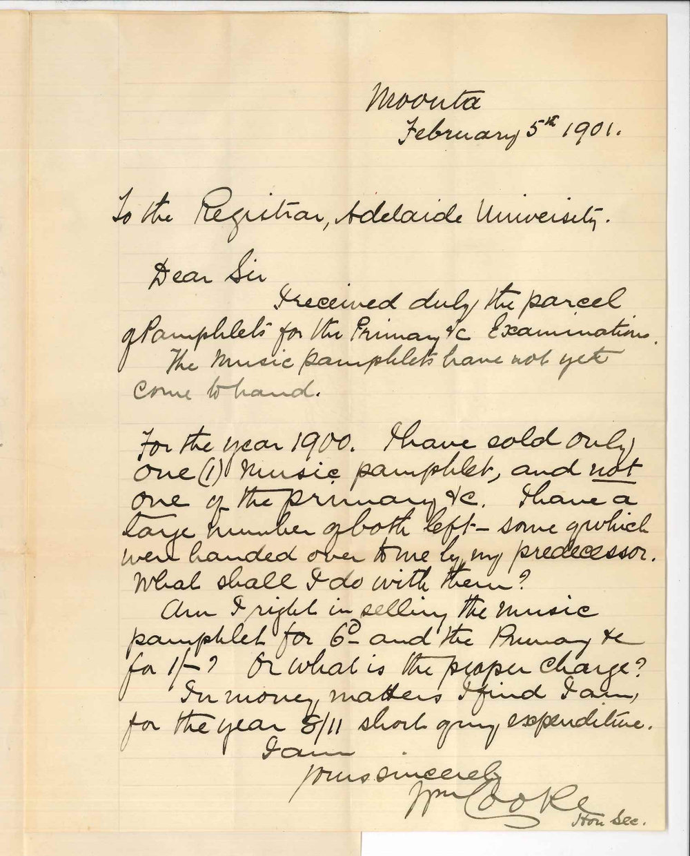 Reverend William Cooke - Moonta - Concerning pamphlets and expenses in connection with Examinations