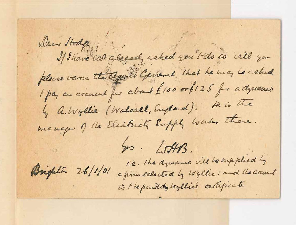 Professor William Henry Bragg - Brighton - Concerning order for a dynamo from England