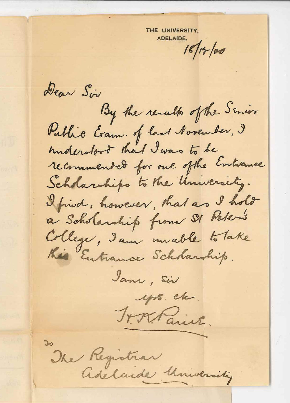 H K Paine - Adelaide - Unable to accept Scholarship