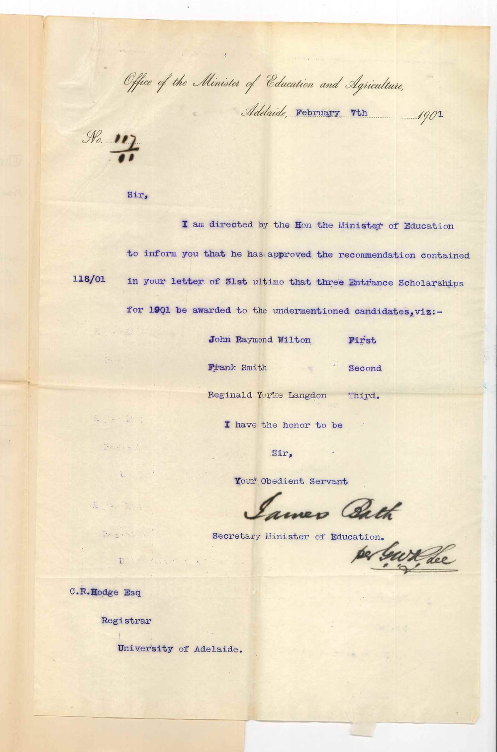 James Bath - Secretary - Minister of Education - Adelaide - Approval of award of Entrance Scholarships